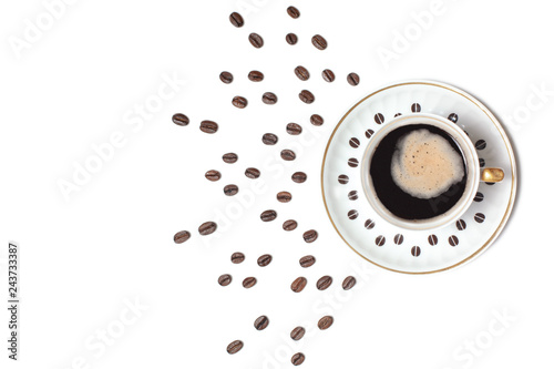 Cup of coffee with coffee beans picture on white table