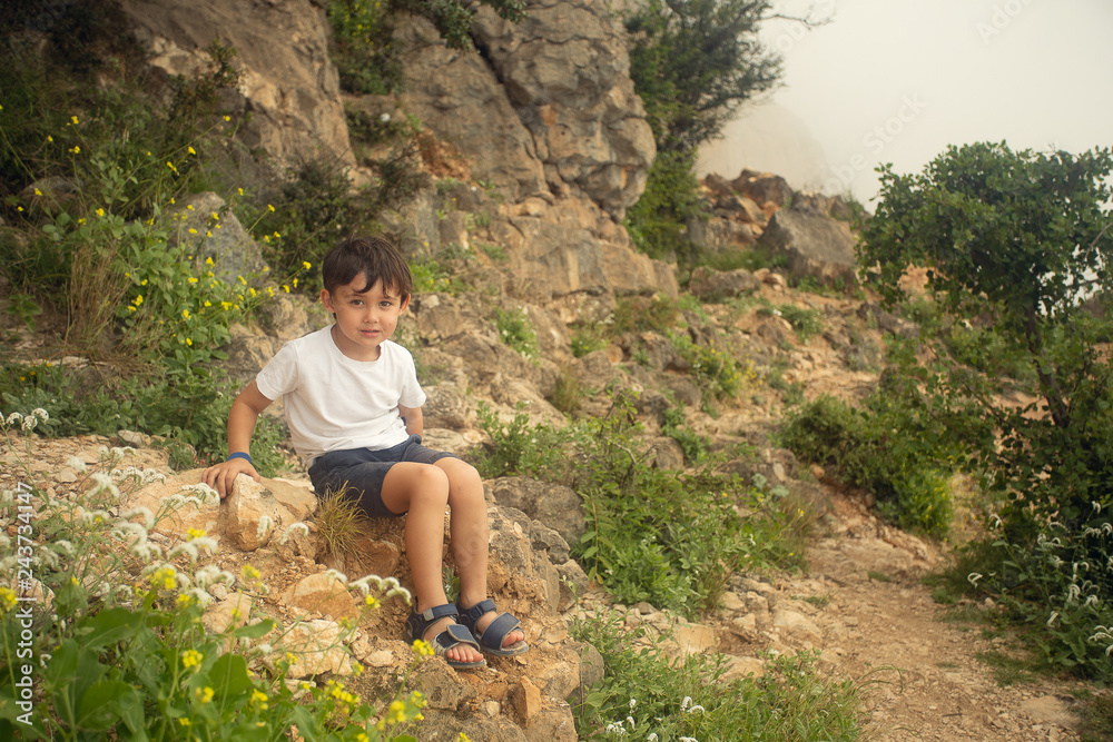 Naklejka premium boy sitting on the rock