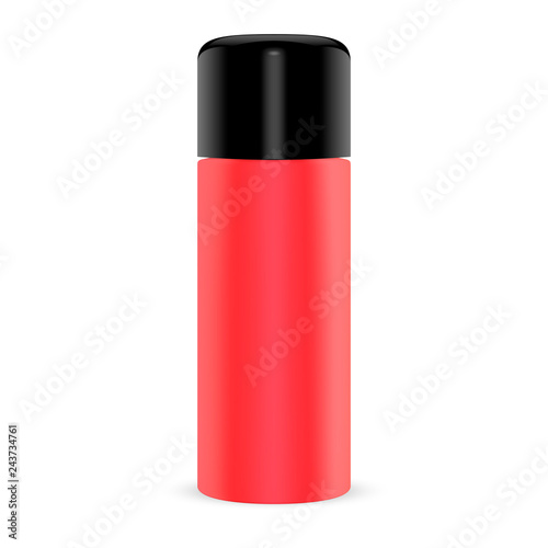 Cosmetic Tin for Dry Powder Shampoo. Aerosol Spray. Metal Cylinder Container. Deodorant or Refresher Aluminum Packaging. Red Canister with Black Shiny Plastic Cap. Metal Freshener Can.