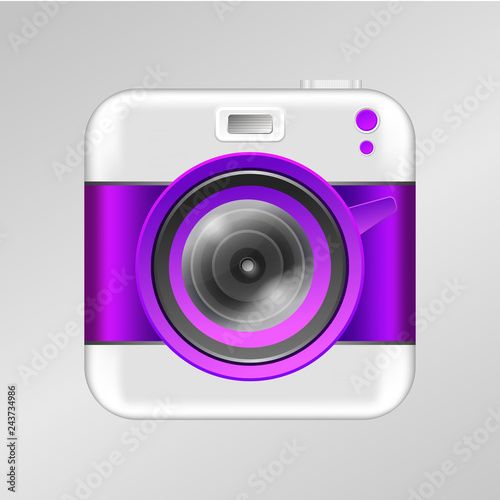 Realistic retro camera icon in bright purple color, realistic lens. Icon for app, photo folder. Vintage photo camera icon.
