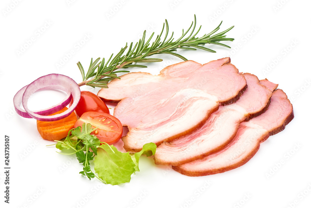 Traditional Sliced Smoked Pork Meat with vegetables, closeup, isolated on a white background