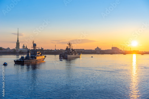 Saint Petersburg. Russia. Neva River. Peter-Pavel's Fortress. Military parade of ships on the Neva River. Summer in Petersburg. Bridges of St. Petersburg. Poster of Russian cities.