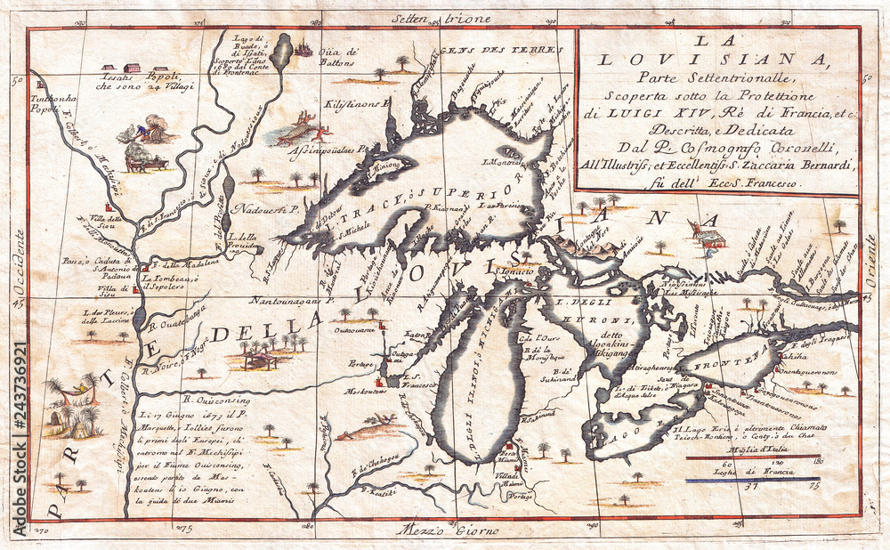 1696, Coronelli Map of the Great Lakes, Most Accurate Map of the Great Lakes in the 17th Century