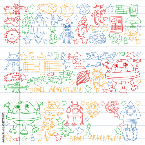 Vector set of space elements icons in doodle style. Painted  colorful  pictures on a piece of linear paper on white background.