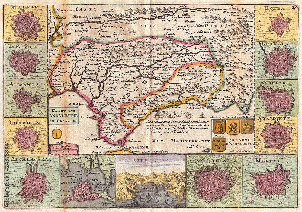 1747, La Feuille Map of Andalusia, Spain, Sevilla