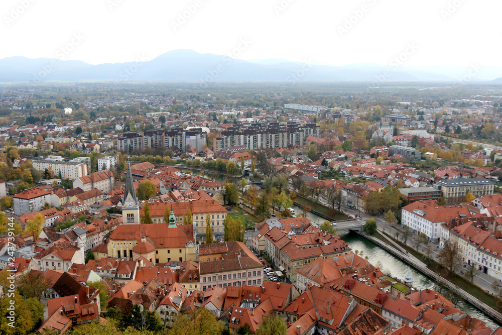 View of Ljubljana, Slovenia from The Ljubljana Castle during beautiful autumn day.
