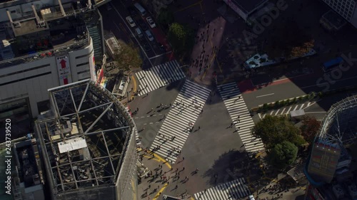 Tokyo, Japan circa-2018.  Aerial view of Shibuya Crossing, Tokyo, Japan. Shot from helicopter with RED camera. photo