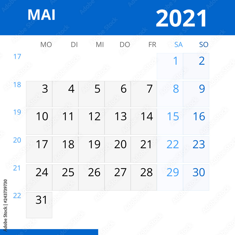 Monatskalender MAI 2021 mit Kalenderwoche in der Farbe blau Stock  Illustration | Adobe Stock