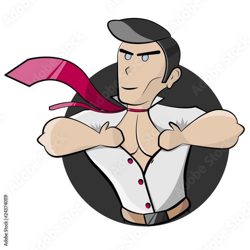 cute superhero rips off his shirt, comic book style, powerful man with a pumped up torso, businessman in pop style hurries to the challenge