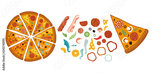 Round big mix pizza, slices triangle, italian restaurant menu, snack food ingredients for pizza