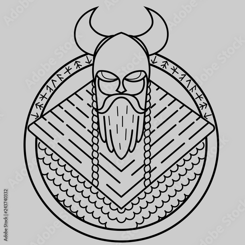 Viking of lines, warrior from the North, formidable warrior in helmet with horns, pattern for laser cutting, stencil for embossing on leather products, pattern for tattoo,