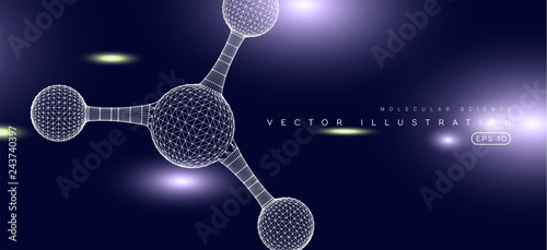Abstract polygonal molecule structure design template. Low poly biological connected cell. Molecular science technology mesh geometric DNA 3D element. Polygonal science technology. Formula particle.