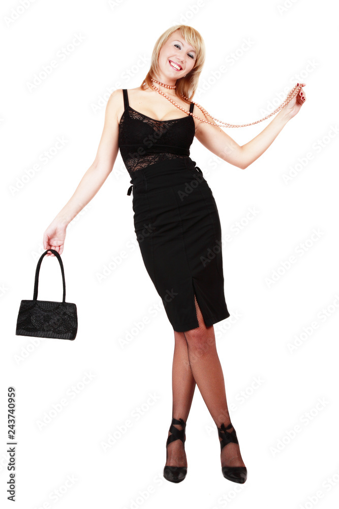 Young beautiful slim happy blonde girl dressed for party over white background Young beautiful slim happy blonde girl dressed for party over white background