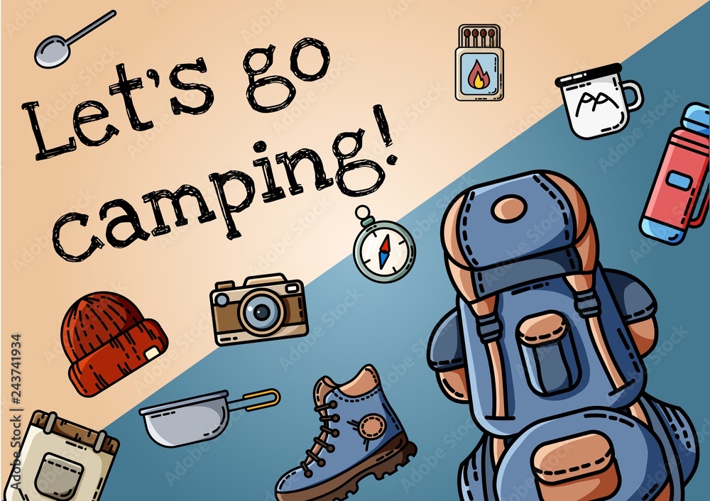 Let's go camping poster. Set of flat style icons arranger on a banner ...