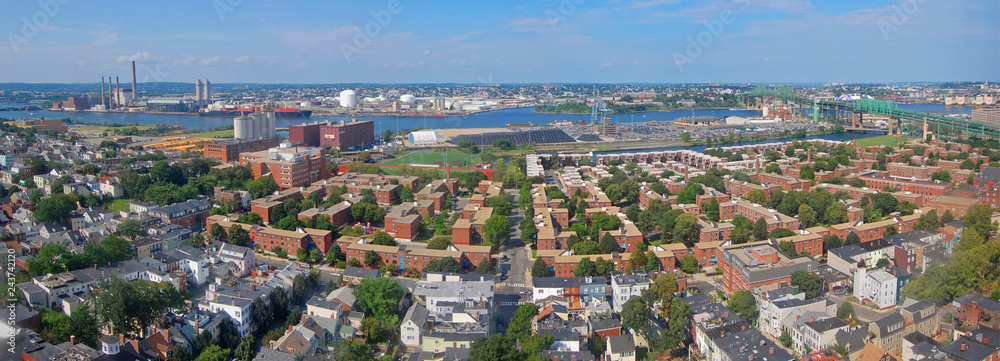 Charlestown and Mystic River panorama aerial view, from the top of Bunker Hill Monument, Boston, Massachusetts, USA.