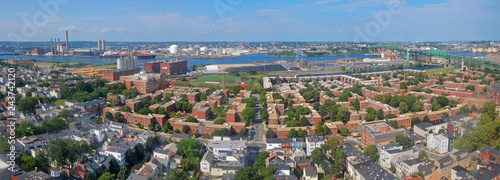 Charlestown and Mystic River panorama aerial view, from the top of Bunker Hill Monument, Boston, Massachusetts, USA.