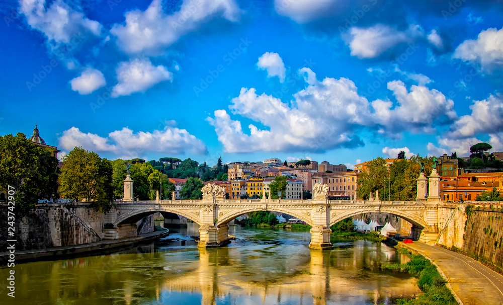 Rome, Italy. Saint Angelo castle and bridge over the Tiber river.
