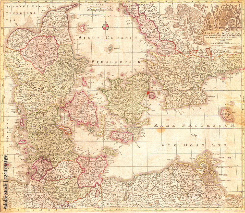 1770, Lotter Map of Denmark Daniae Regnum