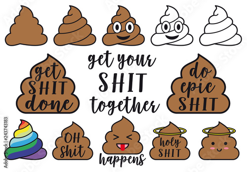 Kawaii poop icons, vector graphic design elements