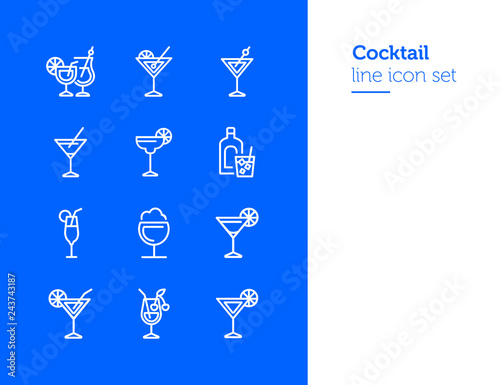 Cocktail line icon set. Vermouth, margarita, pina colada. Alcoholic drinks concept. Can be used for topics like bar, party, celebration