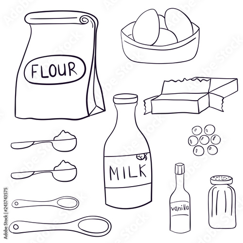 Hand drawn set of baking ingredients and desserts. Cake, chocolate and cookie. Vector illustration.