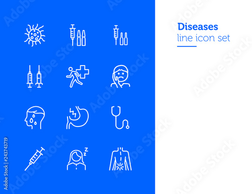 Diseases line icon set. Set of line icons. Healthcare concept. Syringe, injection, bacteria, person, pain. Vector illustration can be used for topics like medicine, health, treatment photo