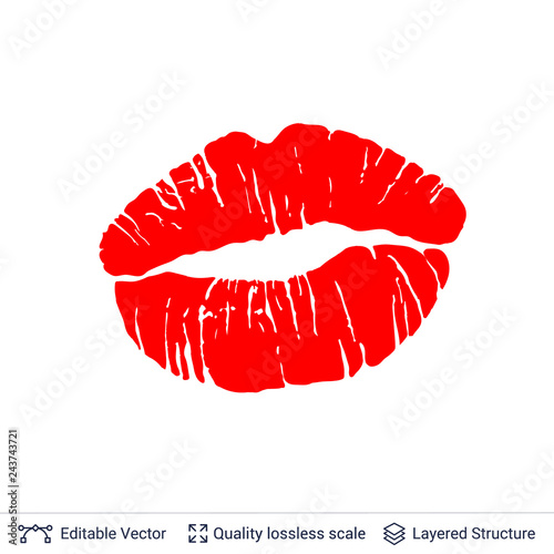 Red lips print isolated on white background.