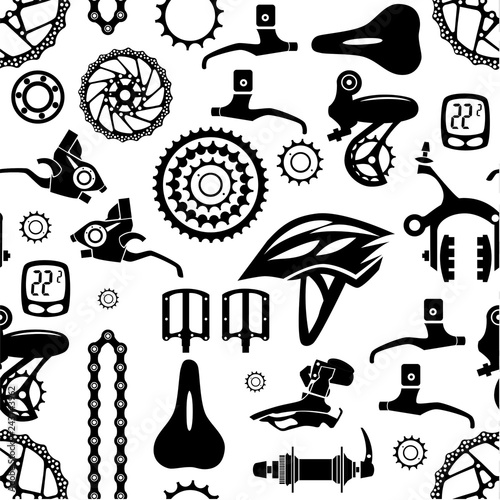 Bicycles. Seamless pattern of bicycle parts. Isolated vector image.
