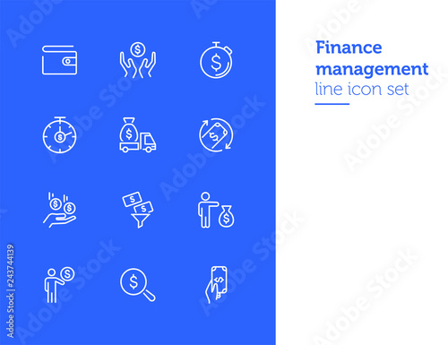 Finance management line icon set. Purse, earning, loan. Money concept. Can be used for topics like business, investment, saving, charity