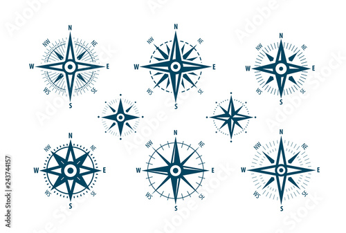Compass icon set. Marine navigation, wind rose symbol. Vector illustration