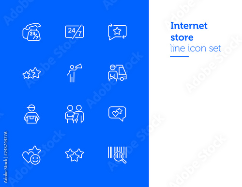 Internet store line icon set. Bar code, courier, like. Online shopping concept. Can be used for topics like customer feedback, delivery, rating