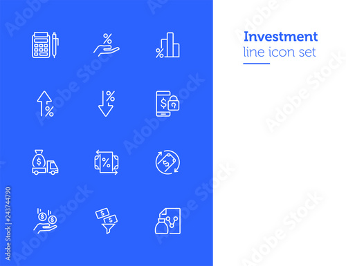 Investment line icon set. Encashment car, income, graph. Money concept. Can be used for topics like finance management, profit, banking