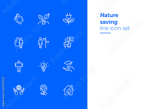 Nature saving line icon set. Set of line icons on white background. Ecology concept. Leaf, person, battery, energy. Vector illustration can be used for topics like environment, ecology