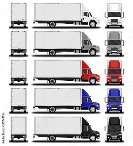 realistic trucks set. front view; side view; back view.