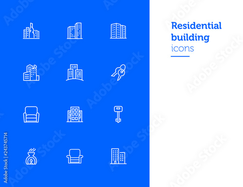 Residential building icons. Set of line icons. Key, residential district, cityscape. Housing development. Vector illustration can be used for topics like mortgage, rent, construction