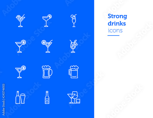 Strong drinks icons. Set of line icons on white background. Beer bottle, martini, margarita cocktail. Alcohol concept. Vector illustration can be used for topic like drinks, bar, menu