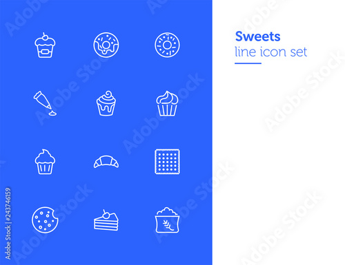 Sweets line icon set. Set of line icons on white background. Confectionery concept. Donut, cupcake, pie. Vector illustration can be used for topics like bakery, baking