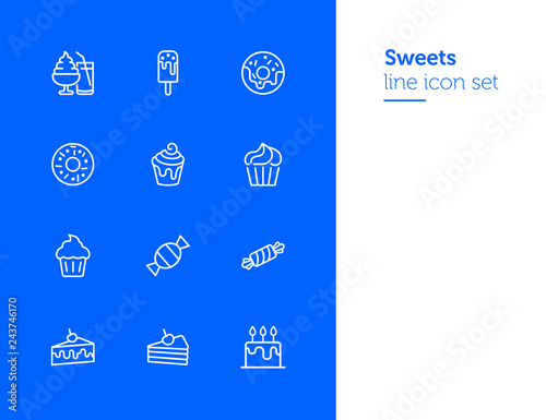 Sweets line icon set. Set of line icons on white background. Confectionery concept. Ice-cream, pie, cake, caramel. Vector illustration can be used for topics like confectionery, sweet, cafe