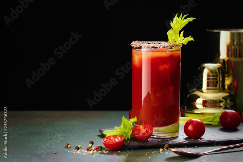 Bloody Mary cocktail. Alcoholic drink and ingredients on dark green background, Copy space photo