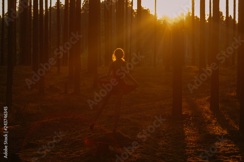 Young girl in red dress staying on one leg  on the stump in forest photo
