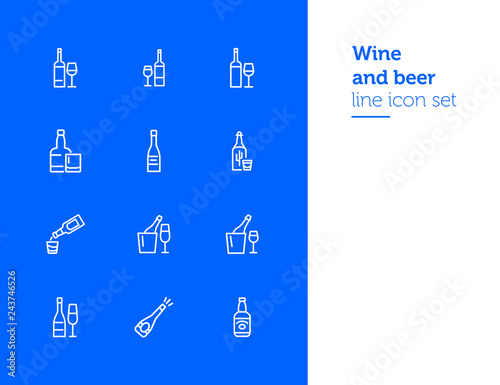 Wine and beer line icon set. Set of line icons on white background. Alcohol concept.  Bottle, glass, wine, beer. Vector illustration can be used for topics like bar, alcohol, restaurant