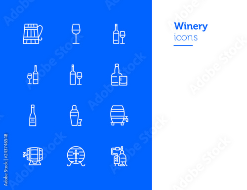 Winery icons. Set of line icons on white background. Wine bottle, barrel, beer. Alcohol concept. Vector illustration can be used for topics like bar, drinks, winemaking