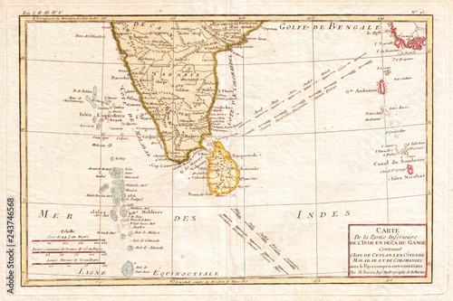 1780, Bonne Map of Southern India, Ceylon, and the Maldives, Rigobert Bonne 1727 – 1794, one of the most important cartographers of the late 18th century