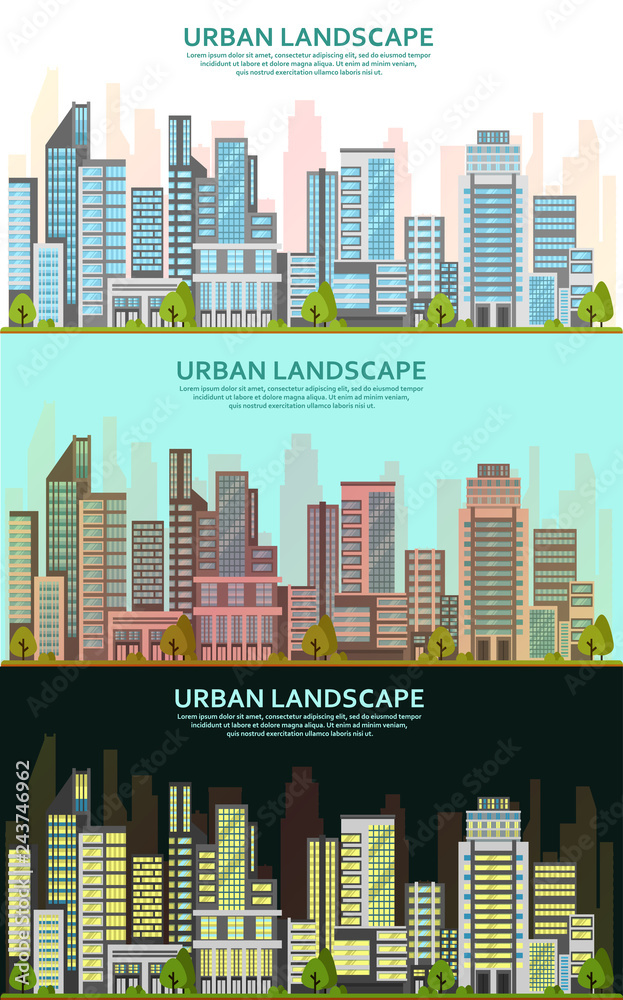 Business centers in the day and night time. Modern skyscrapers, offices and other urban landscape in a vector.