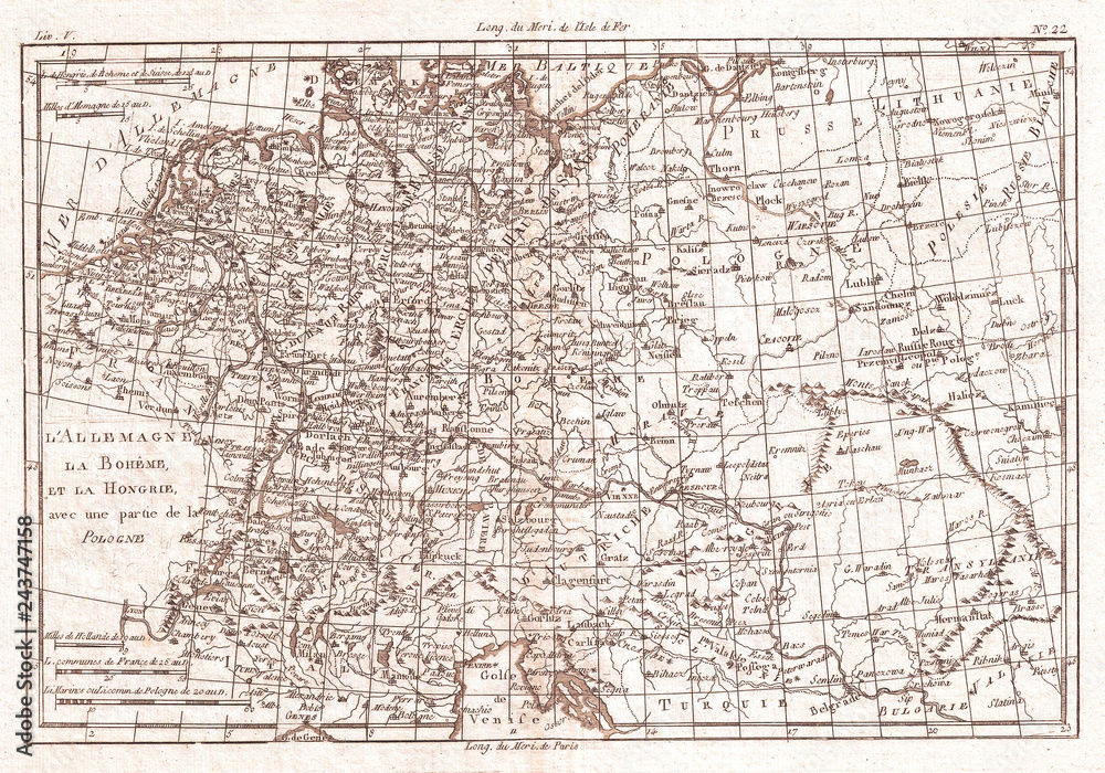 1780, Raynal and Bonne Map of Germany, Bohemia, and Poland, Rigobert Bonne 1727 – 1794, one of the most important cartographers of the late 18th century