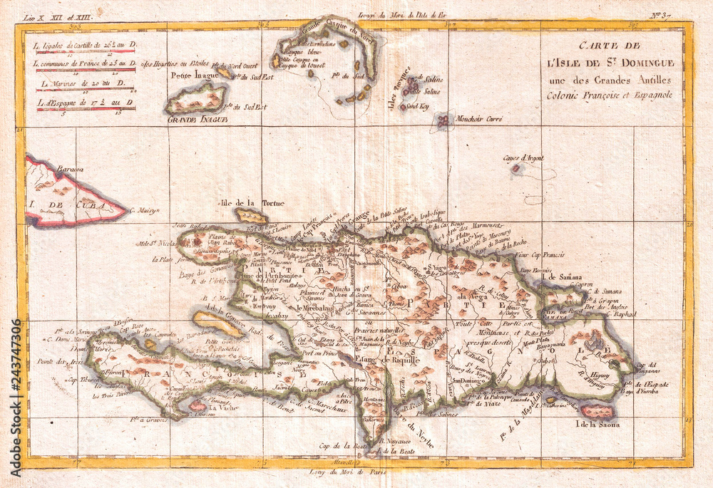 1780, Raynal and Bonne Map of Hispaniola, West Indies, Rigobert Bonne 1727 – 1794, one of the most important cartographers of the late 18th century