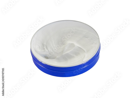 Fényképezés Pure shea butter in metallic tin isolated on white background.