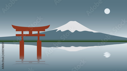water landscape of Japan with a reflection of architecture and mountains