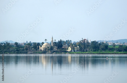 Landscape Hala Sultan Tekke Mosque on the coast of Salt Lake calm water in Larnaca Cyprus © DyMaxFoto