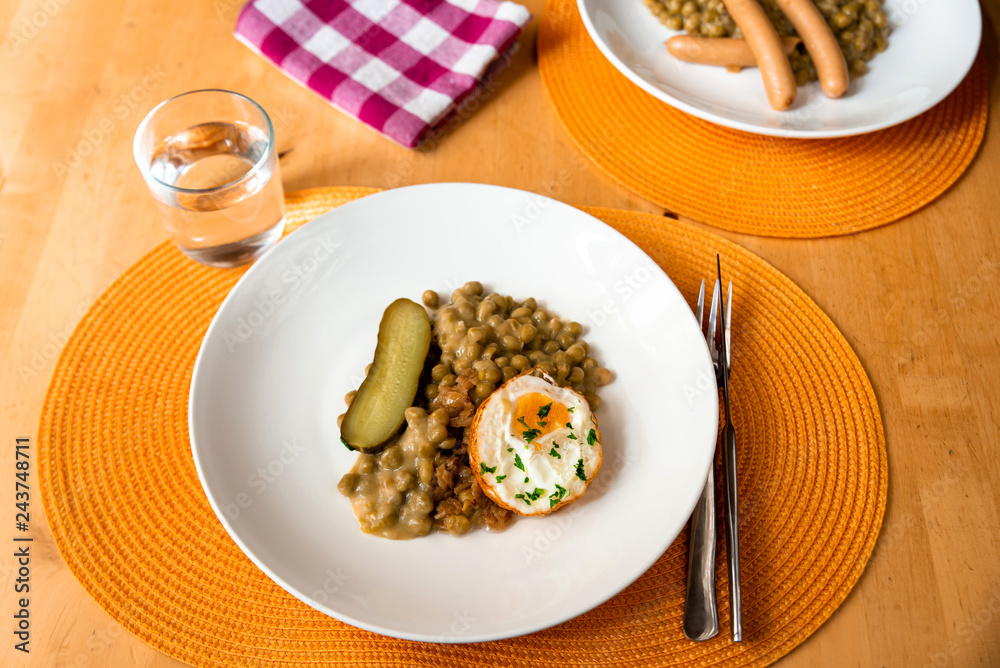 Pease pudding with fried egg.